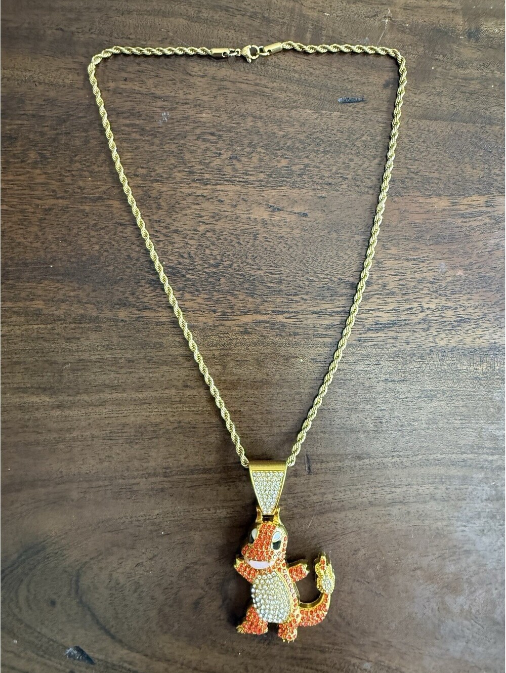 Pokemon Charmander Iced Out Pendant Gold Tone Rope Chain Necklace CZ - Picture 6 of 6